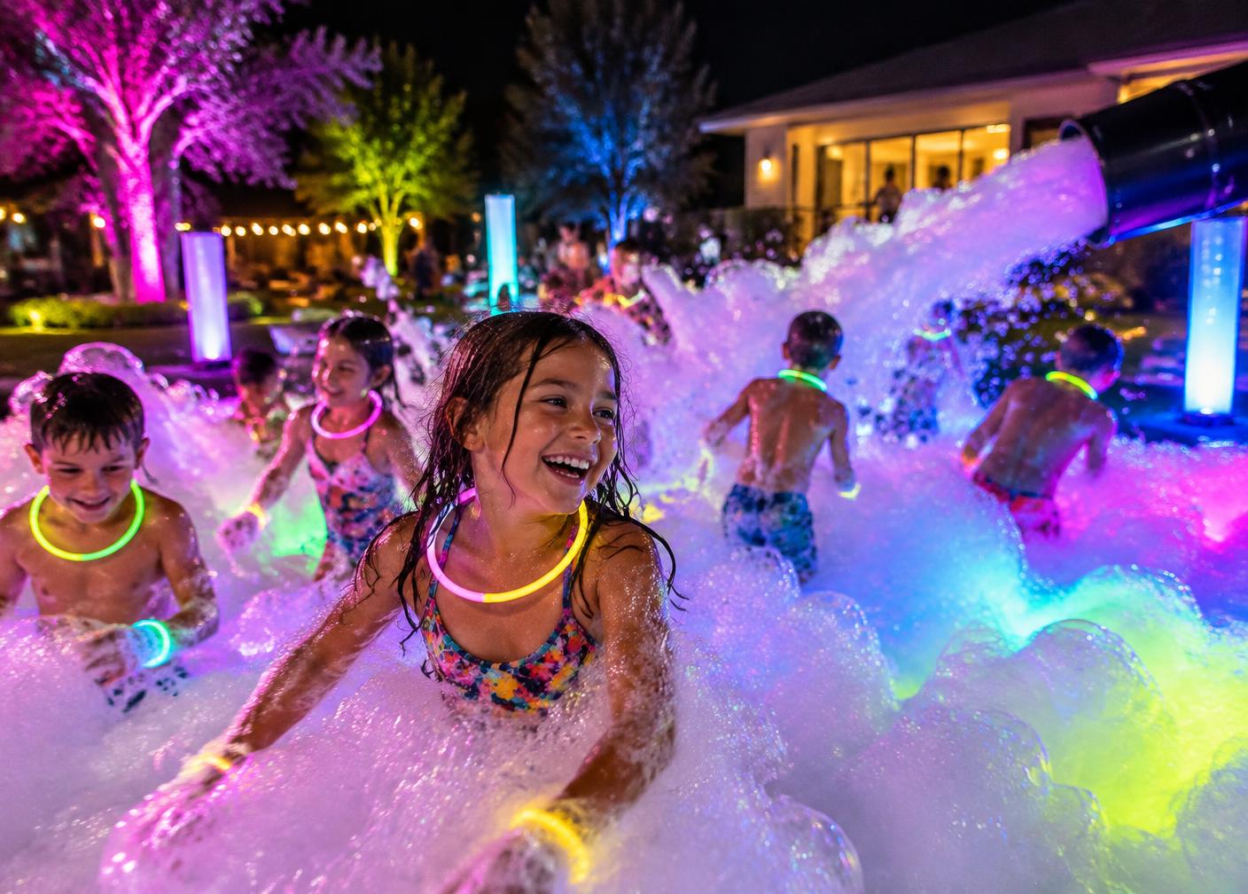 Children playing in illuminated foam at a glow party